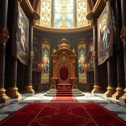 A grand royal throne room, exquisitely detailed, featuring a majestic throne adorned with intricate gold and jewel embellishments