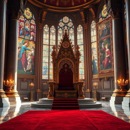 A grand royal throne room, exquisitely detailed, featuring a majestic throne adorned with intricate gold and jewel embellishments