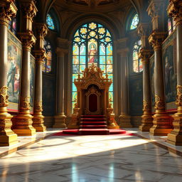 A grand royal throne room, exquisitely detailed, featuring a majestic throne adorned with intricate gold and jewel embellishments