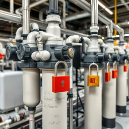 A clear photograph of industrial filtration systems in a chemical manufacturing facility, prominently showing filtration units that are securely locked for safety before maintenance