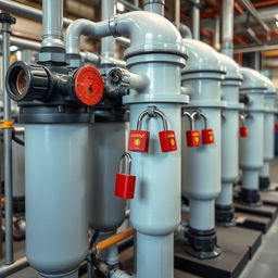 A clear photograph of industrial filtration systems in a chemical manufacturing facility, prominently showing filtration units that are securely locked for safety before maintenance