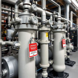 A clear photograph of industrial filtration systems in a chemical manufacturing facility, prominently showing filtration units that are securely locked for safety before maintenance