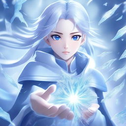 A high-quality digital art piece in the style of anime, portraying an extraordinarily beautiful girl with the power of ice, poised for battle