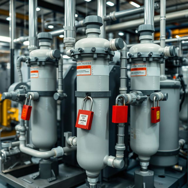 A clear photograph of industrial filtration systems in a chemical manufacturing facility, prominently showing filtration units that are securely locked for safety before maintenance