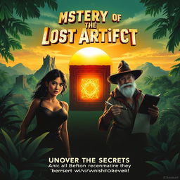 A vibrant movie poster for an invented film titled 'Mystery of the Lost Artifact'