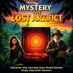 A vibrant movie poster for an invented film titled 'Mystery of the Lost Artifact'
