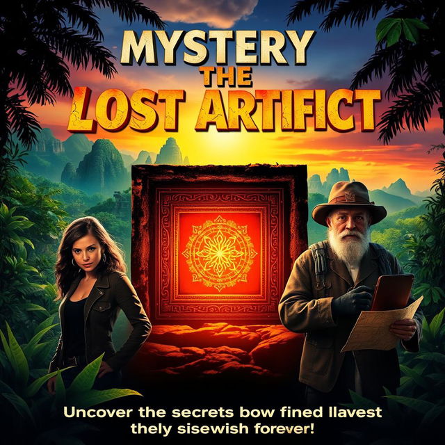 A vibrant movie poster for an invented film titled 'Mystery of the Lost Artifact'