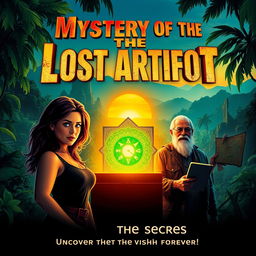 A vibrant movie poster for an invented film titled 'Mystery of the Lost Artifact'