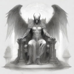 A high-quality pencil sketch portrays a fallen angel necromancer, seated with an aura of authority on an intricately designed throne