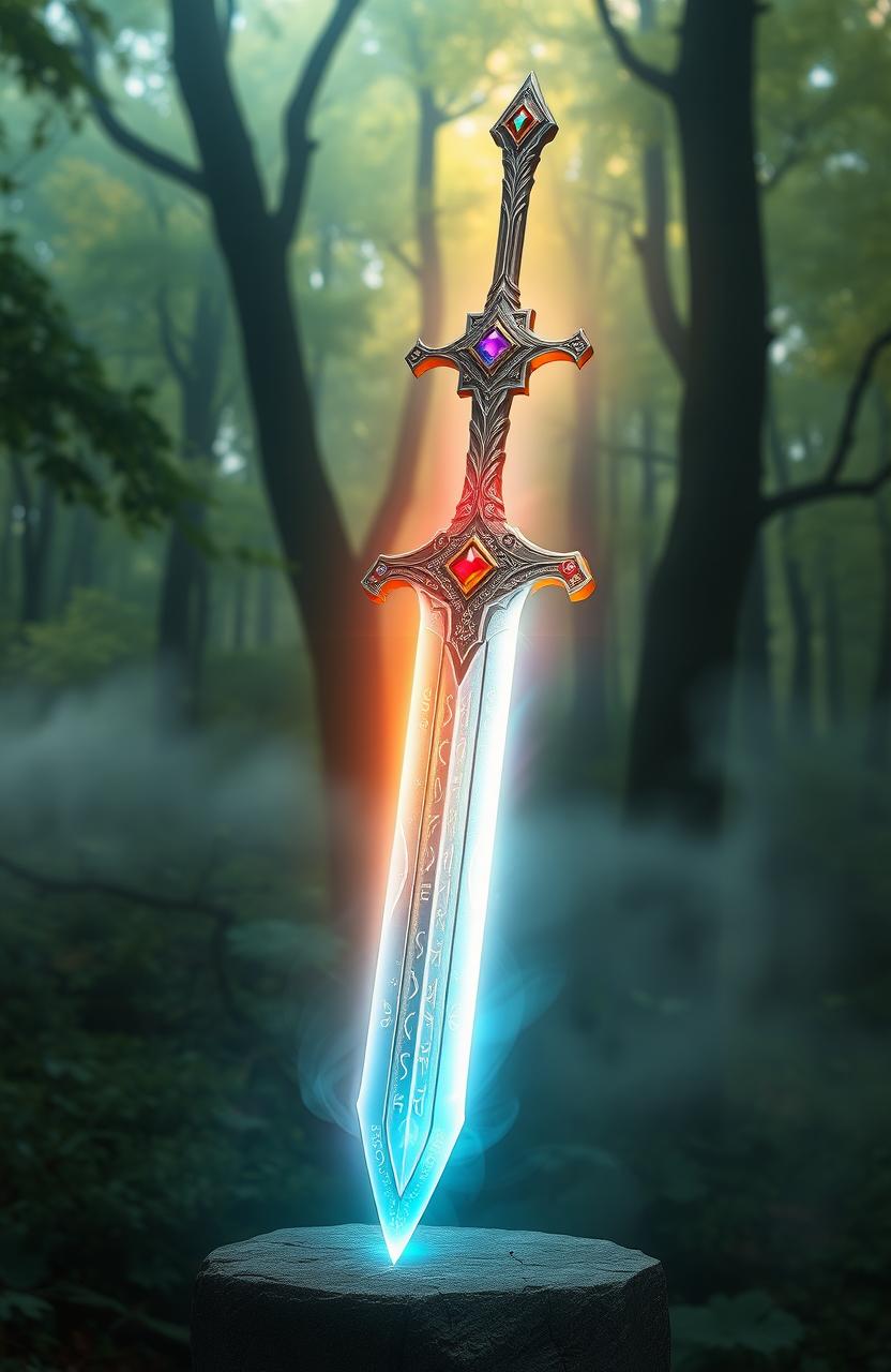 A beautifully crafted fantasy sword resting on a stone pedestal, illuminated by soft, mystical light