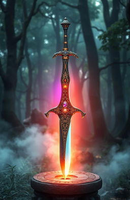 A beautifully crafted fantasy sword resting on a stone pedestal, illuminated by soft, mystical light