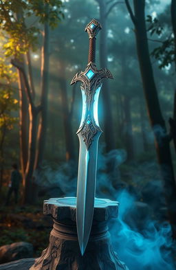 A beautifully crafted fantasy sword resting on a stone pedestal, illuminated by soft, mystical light