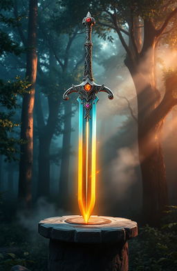 A beautifully crafted fantasy sword resting on a stone pedestal, illuminated by soft, mystical light