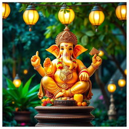 A magnificent statue of Lord Ganesh, adorned with colorful flowers and intricate ornaments, sitting gracefully on a pedestal
