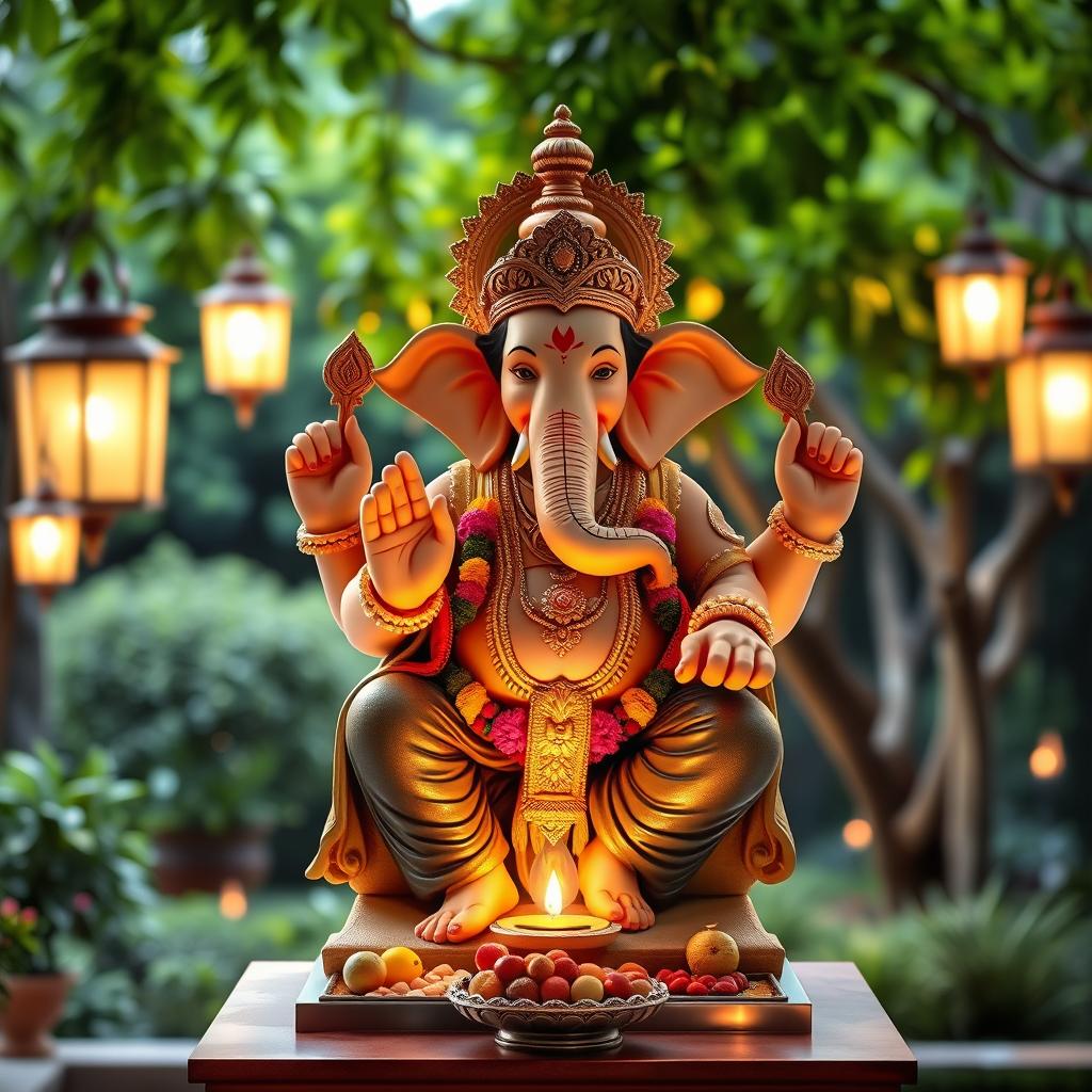 A magnificent statue of Lord Ganesh, adorned with colorful flowers and intricate ornaments, sitting gracefully on a pedestal