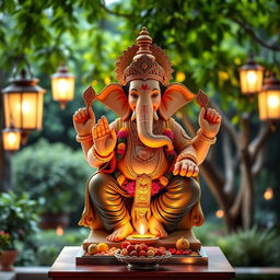 A magnificent statue of Lord Ganesh, adorned with colorful flowers and intricate ornaments, sitting gracefully on a pedestal