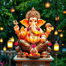 A magnificent statue of Lord Ganesh, adorned with colorful flowers and intricate ornaments, sitting gracefully on a pedestal