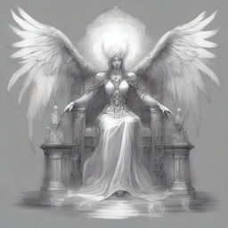 A high-quality pencil sketch portrays a fallen angel necromancer, seated with an aura of authority on an intricately designed throne