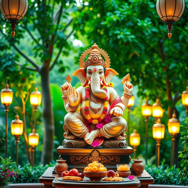 A magnificent statue of Lord Ganesh, adorned with colorful flowers and intricate ornaments, sitting gracefully on a pedestal