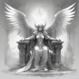 A high-quality pencil sketch portrays a fallen angel necromancer, seated with an aura of authority on an intricately designed throne