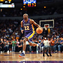 A dynamic basketball scene featuring a player from the Los Angeles Lakers, Kobe Bryant, skillfully dribbling a basketball