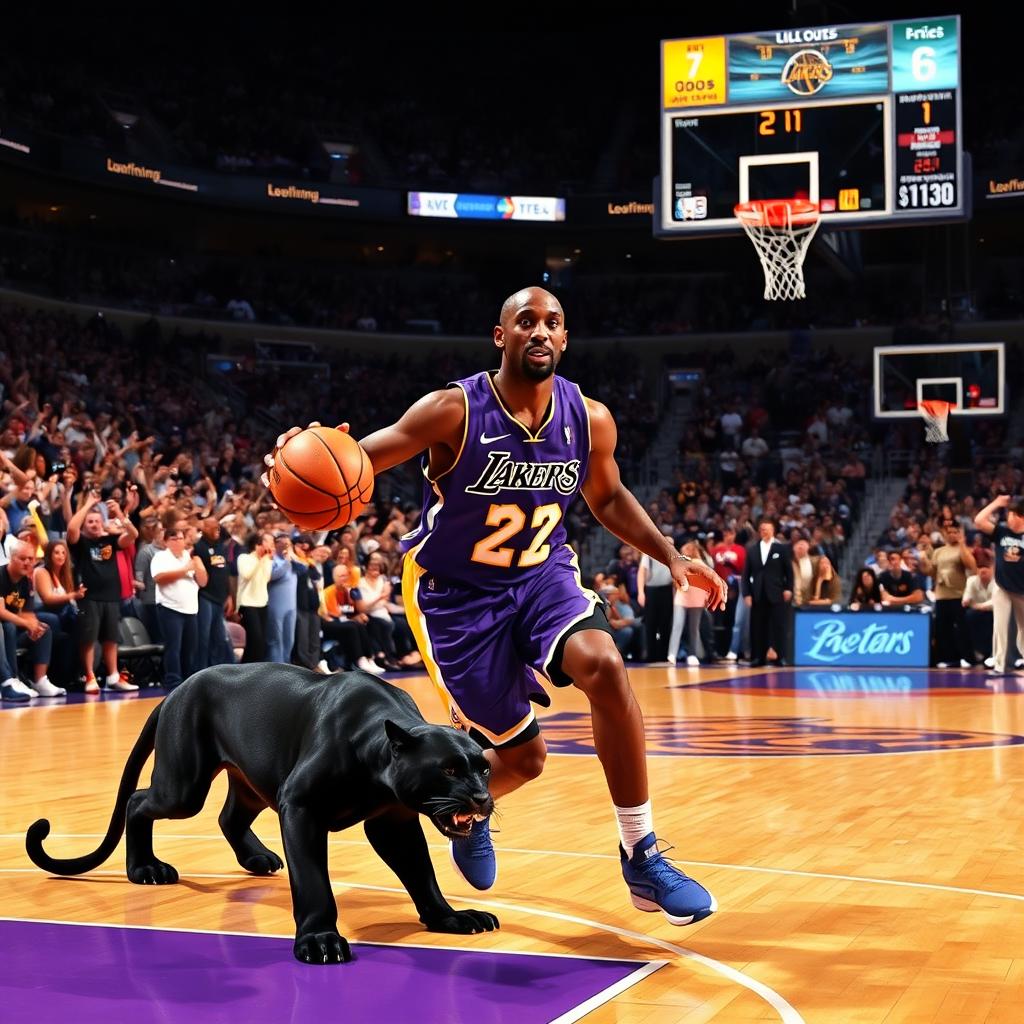 A dynamic basketball scene featuring a player from the Los Angeles Lakers, Kobe Bryant, skillfully dribbling a basketball