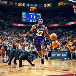 A dynamic basketball scene featuring a player from the Los Angeles Lakers, Kobe Bryant, skillfully dribbling a basketball