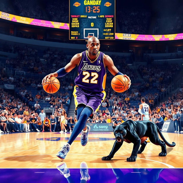 A dynamic basketball scene featuring a player from the Los Angeles Lakers, Kobe Bryant, skillfully dribbling a basketball