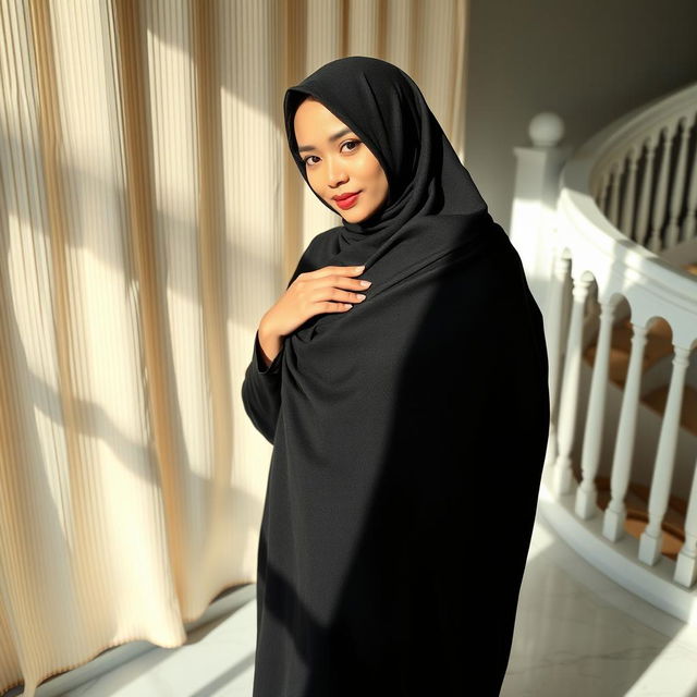 A woman in a traditional black chador that elegantly covers her head and body