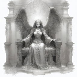 A high-quality pencil sketch portrays a fallen angel necromancer, seated with an aura of authority on an intricately designed throne