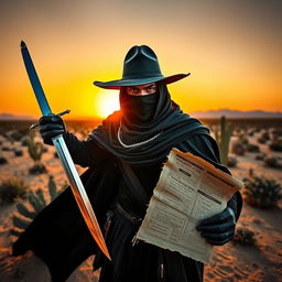 A daring bandit in a rugged desert landscape, wearing a dark cloak and a wide-brimmed hat, holding a glistening sword in one hand and a treasure map in the other