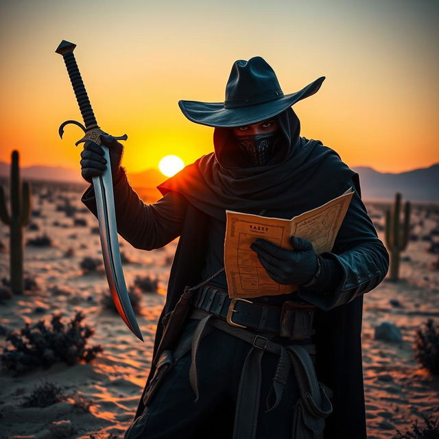 A daring bandit in a rugged desert landscape, wearing a dark cloak and a wide-brimmed hat, holding a glistening sword in one hand and a treasure map in the other