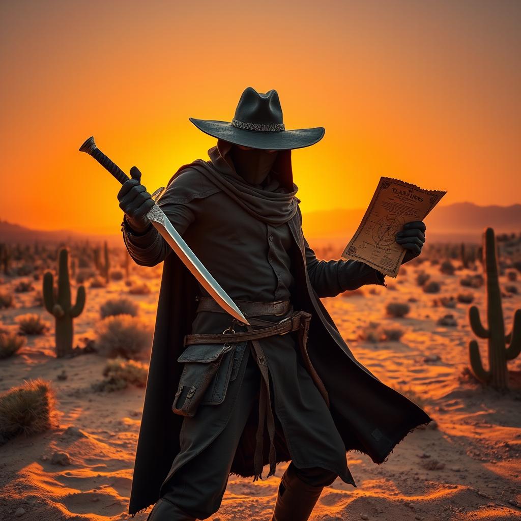 A daring bandit in a rugged desert landscape, wearing a dark cloak and a wide-brimmed hat, holding a glistening sword in one hand and a treasure map in the other