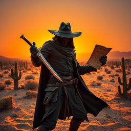 A daring bandit in a rugged desert landscape, wearing a dark cloak and a wide-brimmed hat, holding a glistening sword in one hand and a treasure map in the other