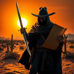 A daring bandit in a rugged desert landscape, wearing a dark cloak and a wide-brimmed hat, holding a glistening sword in one hand and a treasure map in the other