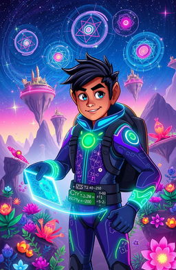 A vibrant and imaginative scene depicting the adventures of Quantumic Ankit, a heroic character dressed in a futuristic suit with quantum energy patterns glowing in various colors