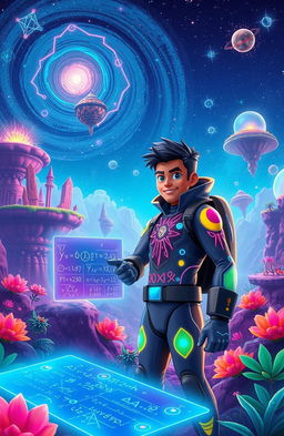 A vibrant and imaginative scene depicting the adventures of Quantumic Ankit, a heroic character dressed in a futuristic suit with quantum energy patterns glowing in various colors