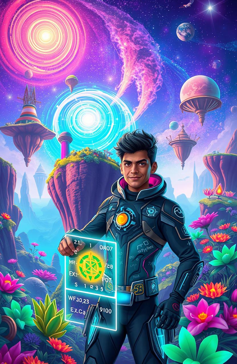 A vibrant and imaginative scene depicting the adventures of Quantumic Ankit, a heroic character dressed in a futuristic suit with quantum energy patterns glowing in various colors