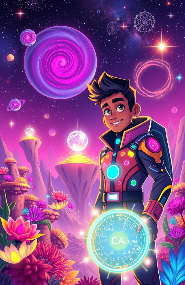 A vibrant and imaginative scene depicting the adventures of Quantumic Ankit, a heroic character dressed in a futuristic suit with quantum energy patterns glowing in various colors