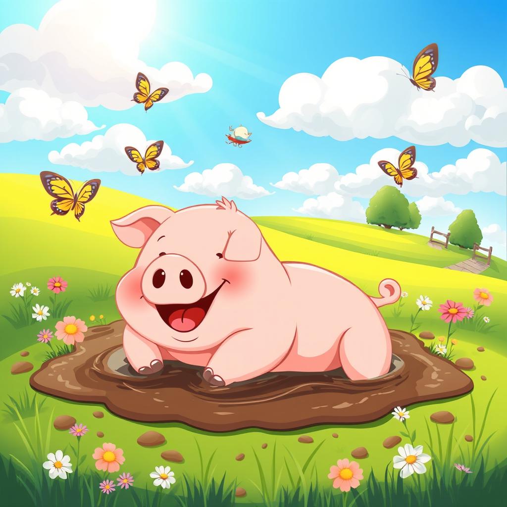 A cartoon-style illustration of a cute, plump pig happily lounging in a mud puddle under a bright blue sky