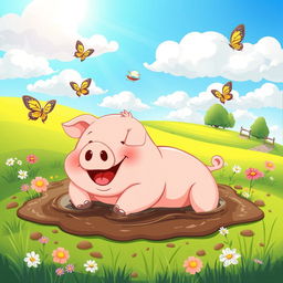 A cartoon-style illustration of a cute, plump pig happily lounging in a mud puddle under a bright blue sky