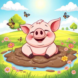 A cartoon-style illustration of a cute, plump pig happily lounging in a mud puddle under a bright blue sky