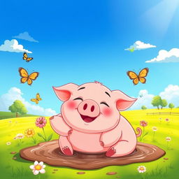 A cartoon-style illustration of a cute, plump pig happily lounging in a mud puddle under a bright blue sky