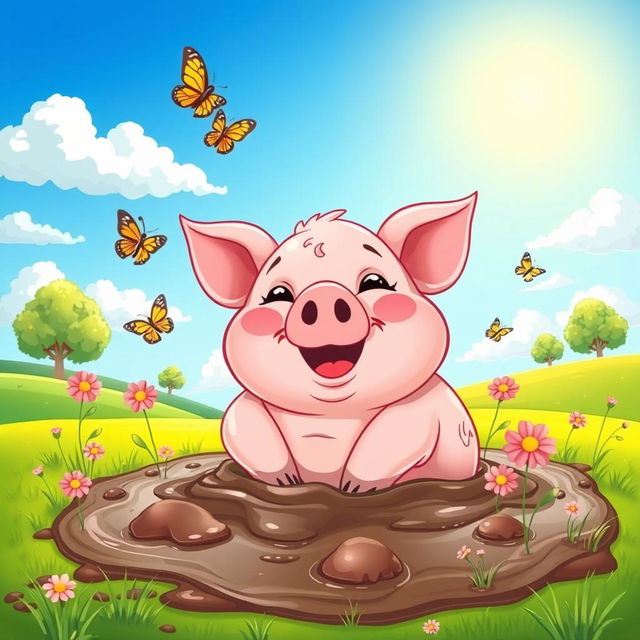 A cartoon-style illustration of a cute, plump pig happily lounging in a mud puddle under a bright blue sky