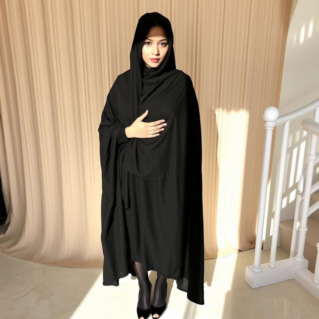 A woman wearing a traditional black chadori that covers her head and body, complemented by black tights and black high heels