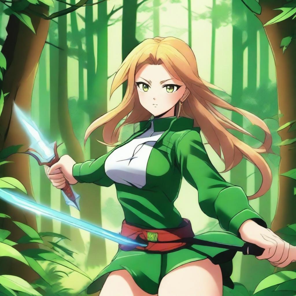 A high-quality digital art piece in the bold manga animation style, portraying an extraordinarily beautiful girl with the power of nature, poised for battle