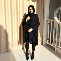 A woman wearing a traditional black chadori that covers her head and body, complemented by black tights and black high heels