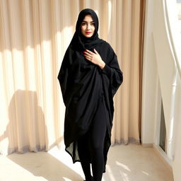 A woman wearing a traditional black chadori that covers her head and body, complemented by black tights and black high heels