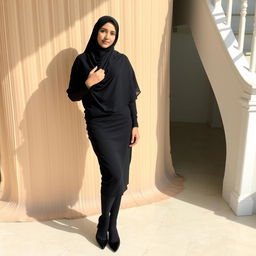 A woman wearing a traditional black chadori that covers her head and body, complemented by black tights and black high heels