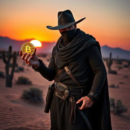 A rugged bandit standing confidently in a desolate desert, wearing a dark cloak and a wide-brimmed hat, holds a shining Bitcoin in one hand, symbolizing a modern twist on treasure hunting